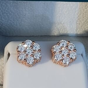 Elegant 925 Rose Gold Genuine Moissanite 3D Floral Cluster Earrings